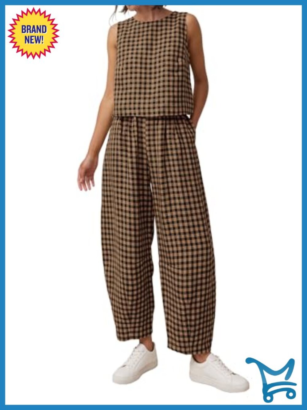 2 Piece Lounge Set - Cotton Plaid Sleeveless Top & Wide Leg Pants